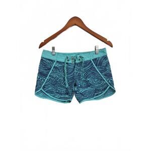 Patagonia Women Teal Blue Abstract Print Swim Board Short Lace Up Waist Rear